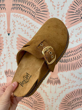 Corkys clogs in a faux suede tan color