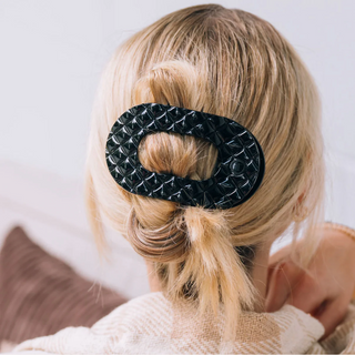 Jet Black Quilted Large Flat Round Hair Clip