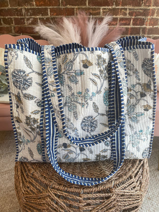 Sasha Blue and White Floral Tote Bag