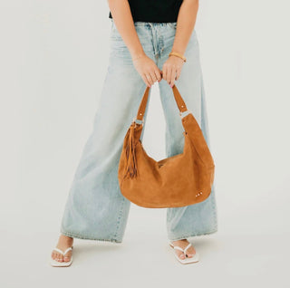 Hazel Hobo Shoulder Bag with Tassel | Tan Suede