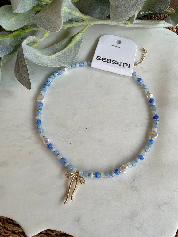 Ocean Blue Coquette Bead Pearl Necklace