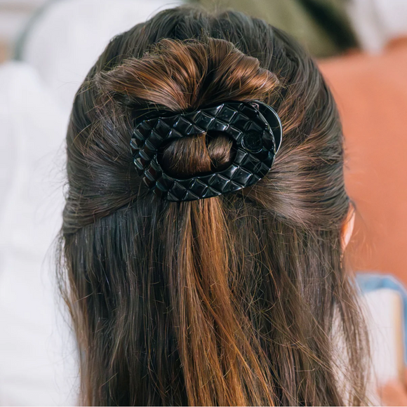 Jet Black Quilted Small Flat Round Hair Clip