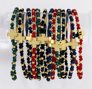 Dark Assorted Crystal Stretch Bracelets w/ Single Balanced Cross
